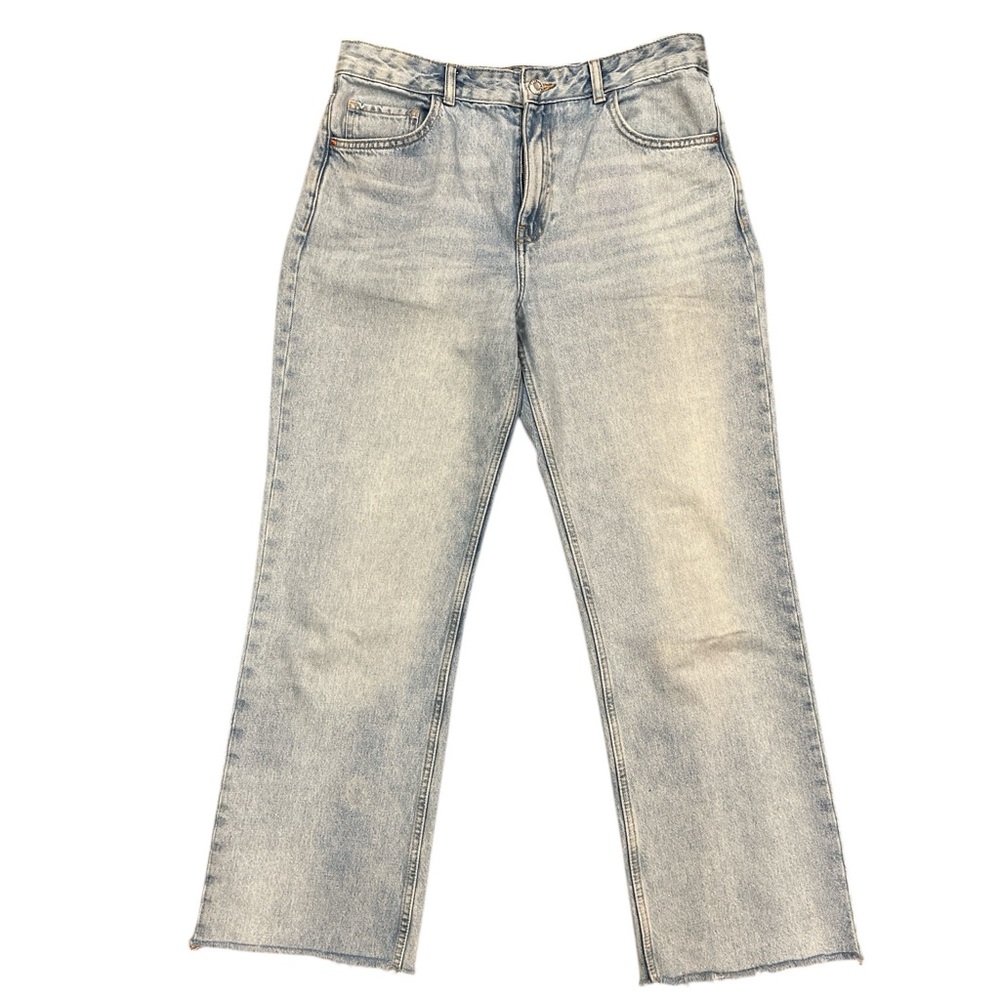 Mango High Rise Straight Leg Jeans Raw Hem Light Wash Minimalist Denim 10